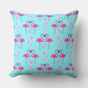 Pink Love Flamingos in Cyan  Throw Pillow
