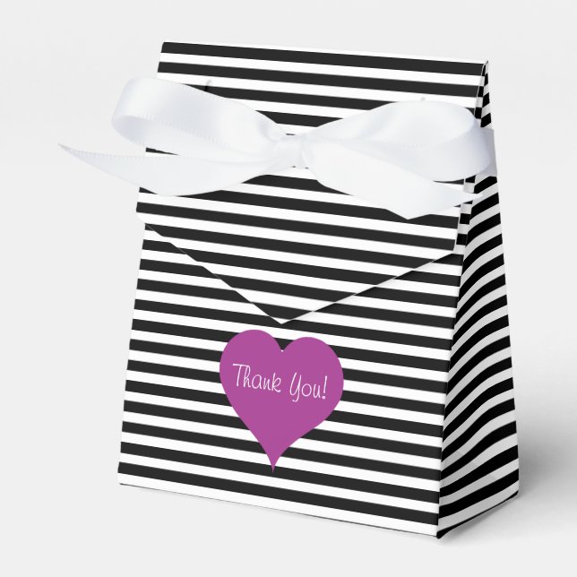 Pink Love Heart Black & White Striped Pattern Name Favor Box (Front Side)