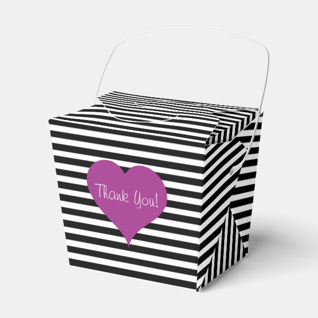 Pink Love Heart Black & White Striped Pattern Name Favor Box (Front Side)