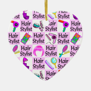 PINK LOVE HEART HAIR STYLIST CHRISTMAS ORNAMENT