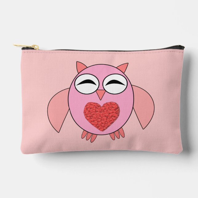 Pink Love Heart Owl Accessory Pouch (Front)