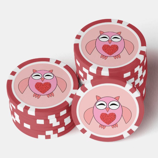 Pink Love Heart Owl Poker Chips (Stack)
