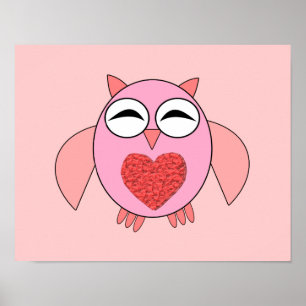 Pink Love Heart Owl Poster