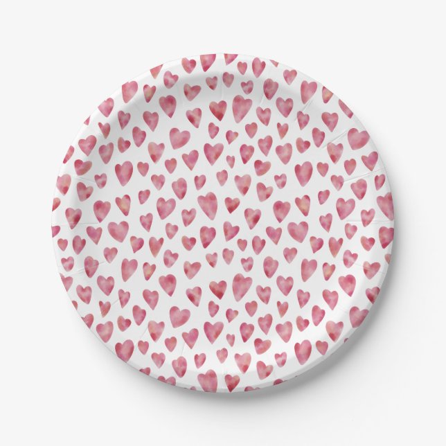 Pink Love Heart Watercolor Pattern Paper Plate (Front)