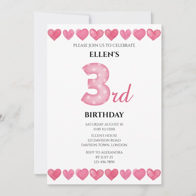 Pink Love Hearts 3rd Birthday Photo Invitation (Front)
