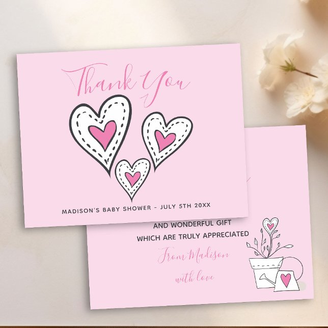 Pink Love Hearts Potted Plant Girl Baby Shower Thank You Card (Pink thank you card with cute doodled love hearts)