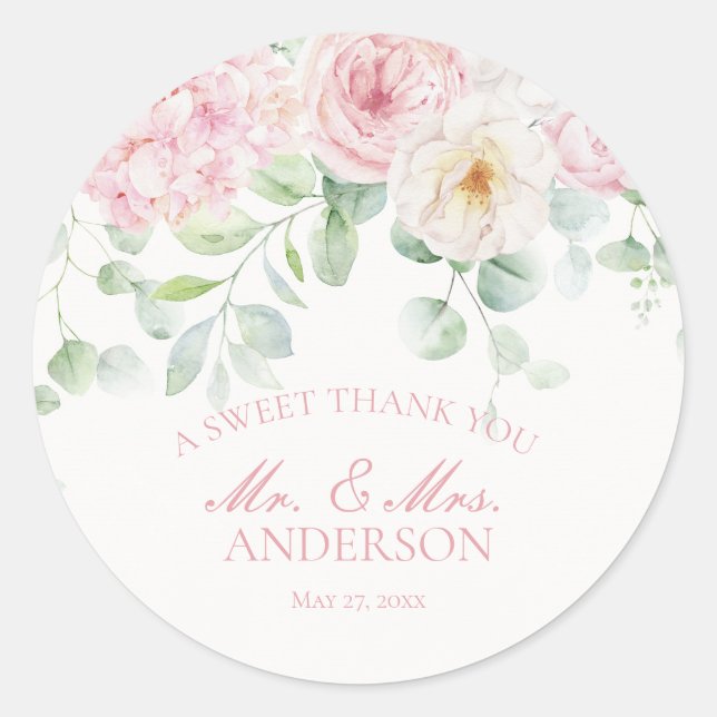 Pink Love in Bloom Floral Hydrangea Wedding Circle Classic Round Sticker (Front)