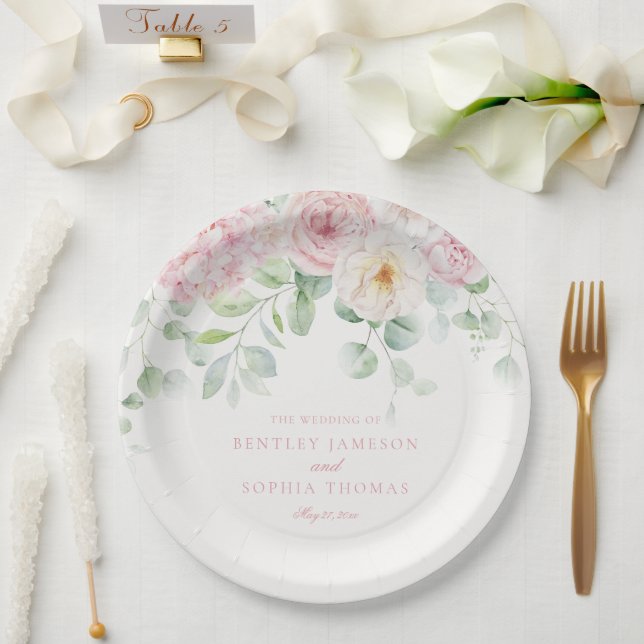 Pink Love in Bloom Floral Hydrangea Wedding Paper Plate (Wedding)