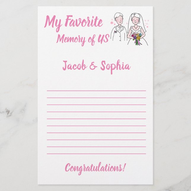 PINK LOVE MY MEMORY BRIDAL SHOWER GAME CARD (Front)