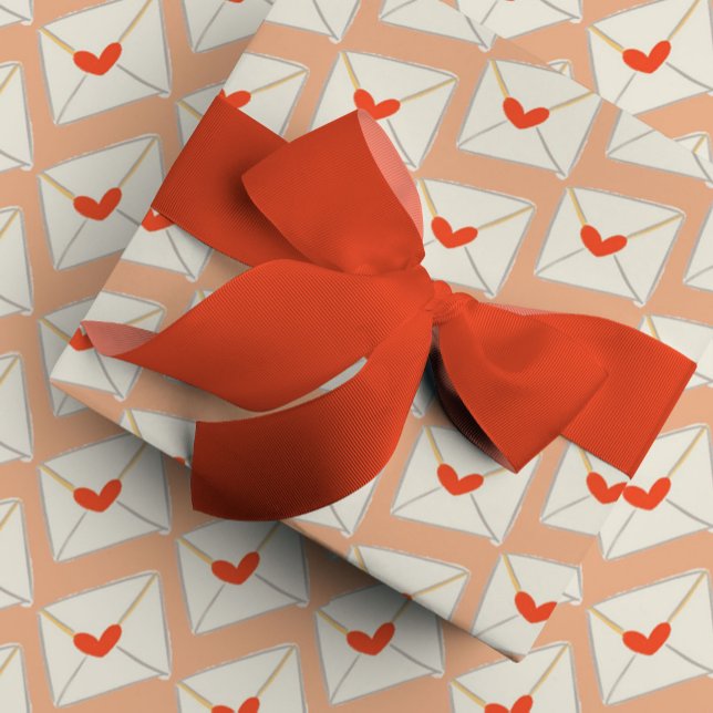 Pink Love Notes Red Heart Envelope Pattern Wrapping Paper (Pink Valentine's Day love notes envelope gift wrapping paper.)