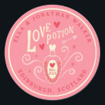 Pink Love Potion Wedding Favour Sticker<br><div class="desc">This love potion sticker features an image of a potion bottle with hearts and magical swirls. This would be perfect for anybody having a magic themed party or wedding to decorate wedding favours or cocktails. You can fill in the text with your names, venue location or wedding date or a...</div>