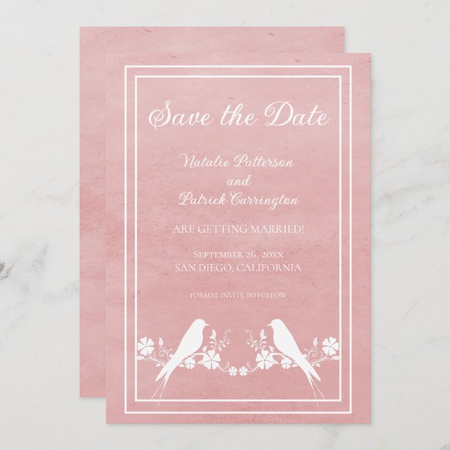 Pink Lovebird Floral Save the Date Invite (Front/Back)