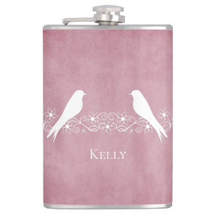 Pink Lovebirds Floral Vine Personalized Flask