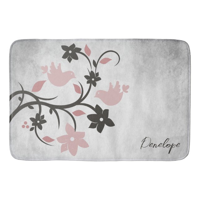 Pink Lovebirds Personalized Bath Mat (Front)