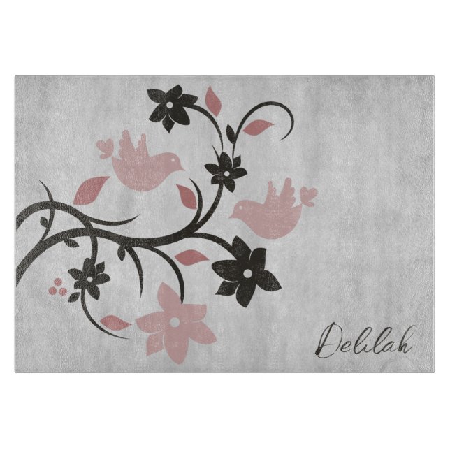 Pink Lovebirds Personalized Cutting Board (Front)