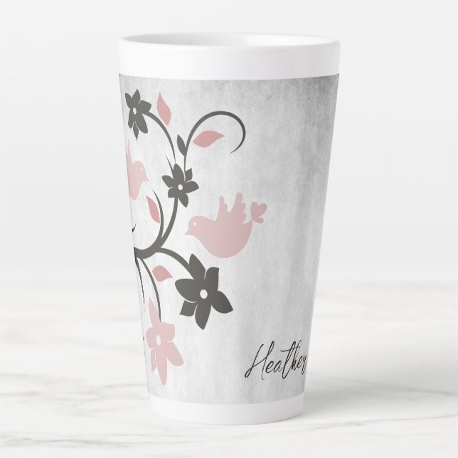Pink Lovebirds Personalized Latte Mug (Front)