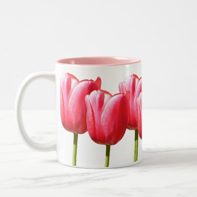 Pink Lovely Tulip Blooms Two-Tone Coffee Mug (Left)