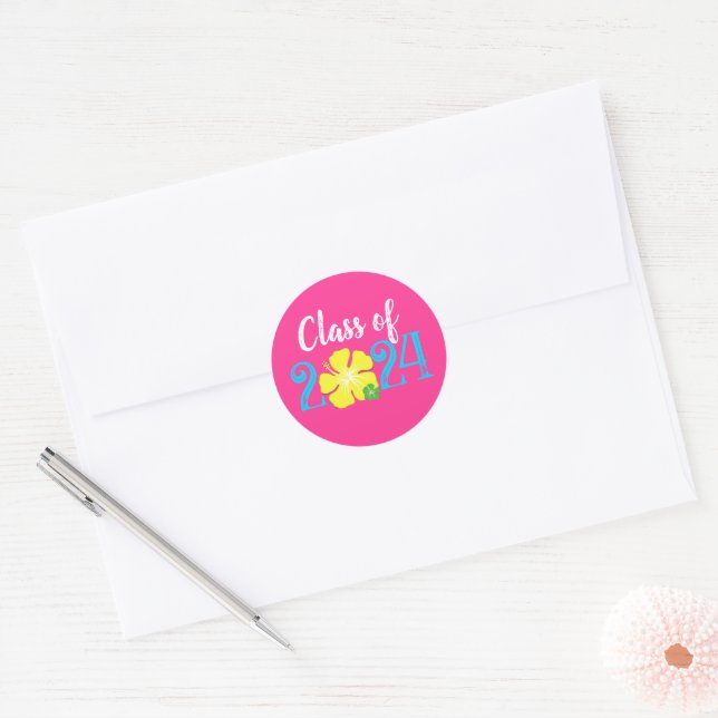 Pink Luau Tropical Graduation Round Stickers (Envelope)