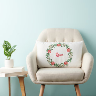 Pink Lumbar Floral Pillow with Cursive Print-Love
