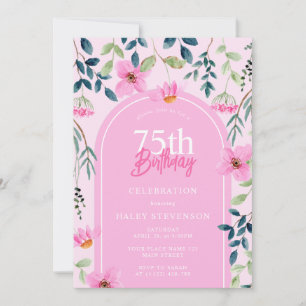 Pink Lush Floral Botanical Girly 75th Birthday Invitation