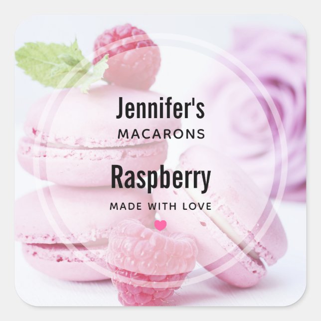 Pink Macarons & Red Raspberries Bakery Business Square Sticker (Front)