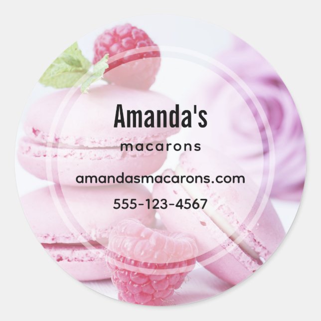 Pink Macarons & Red Raspberries Business Classic Round Sticker (Front)