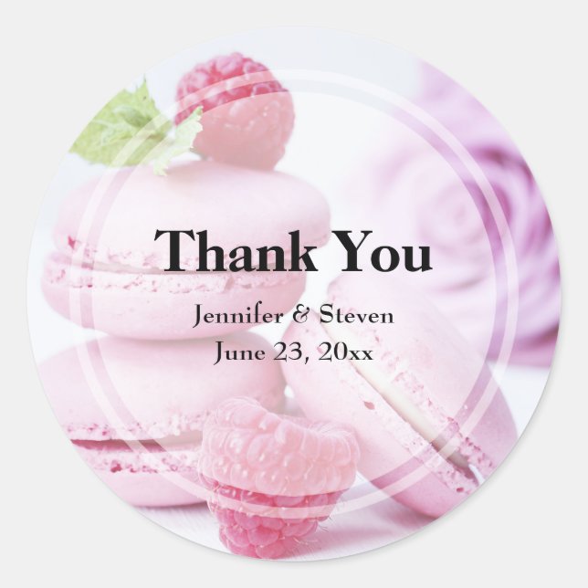 Pink Macarons & Red Raspberries Wedding Thank You Classic Round Sticker (Front)