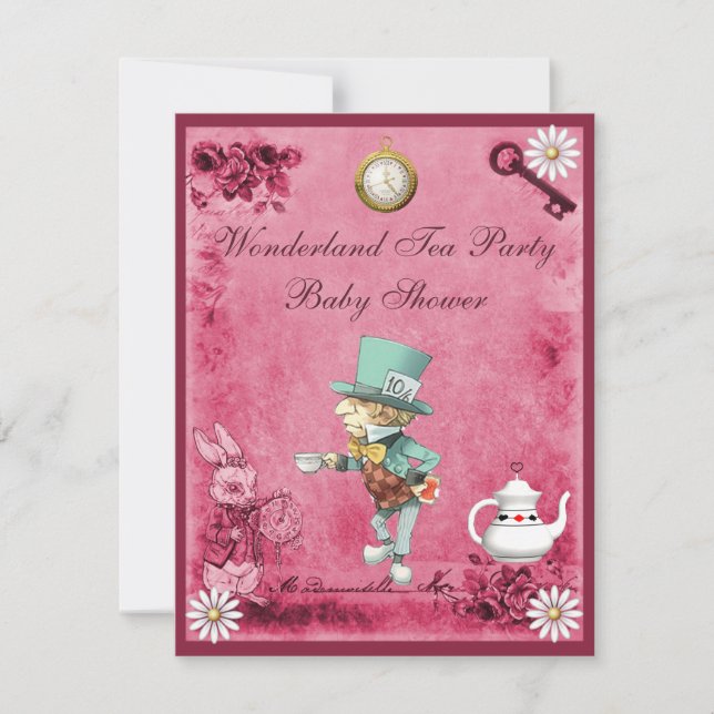 Pink Mad Hatter Wonderland Tea Party Baby Shower Invitation (Front)
