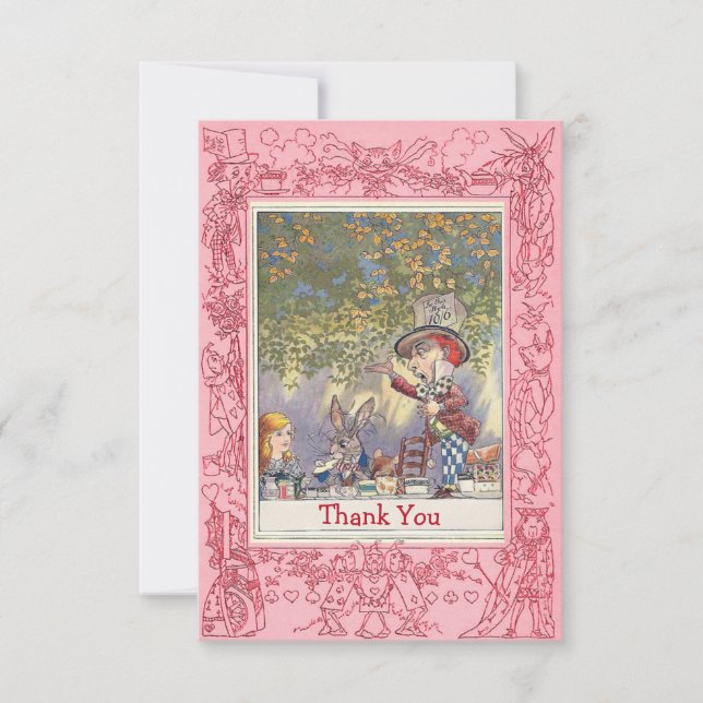 Pink Mad Hatter's Wonderland Tea Party Thank You Card (Front)