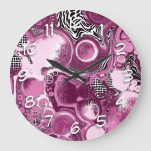 Pink, Magenta and Black Fluid Art Pour Painting   Large Clock