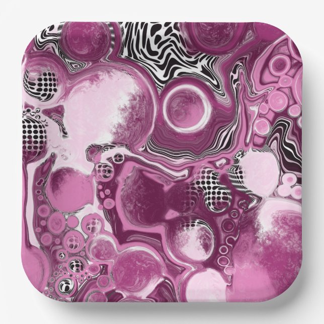 Pink, Magenta and Black Fluid Art Pour Painting  Paper Plate (Front)