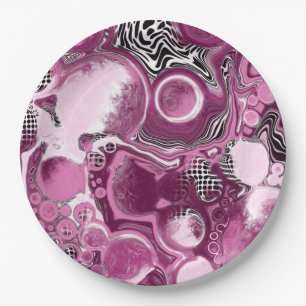 Pink, Magenta and Black Fluid Art Pour Painting Paper Plate