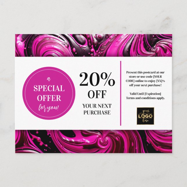 Pink Magenta Black Swirls Coupon Discount Postcard (Front)
