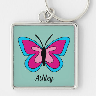 Pink Magenta Blue Butterfly Add Name Keychain