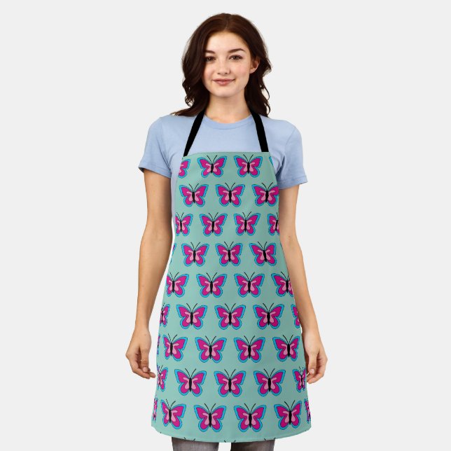 Pink Magenta Blue Butterfly Apron (Worn)