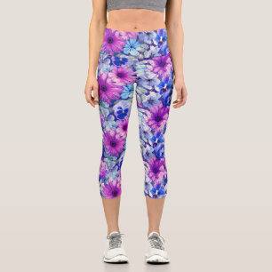 Pink Magenta Blue Floral Pattern  Capri Leggings