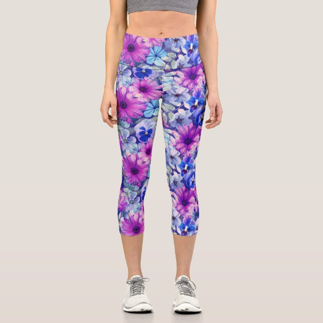 Pink Magenta Blue Floral Pattern  Capri Leggings (Front)