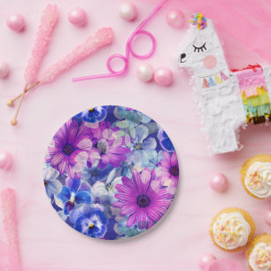 Pink Magenta Blue Floral Pattern Paper Plate