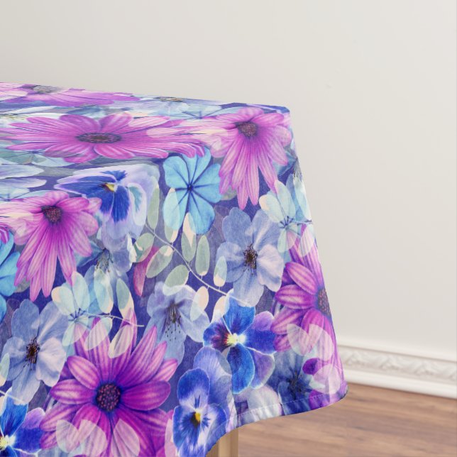 Pink Magenta Blue Floral Pattern Tablecloth (In Situ)