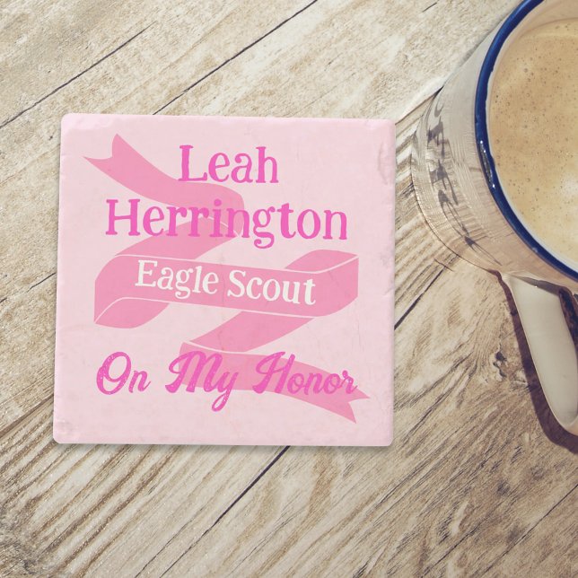 Pink & Magenta Eagle Scout Court of Honor Stone Coaster (Pink eagle scout court of honor coaster gift, personalized pink coaster with name and banner ribbon)