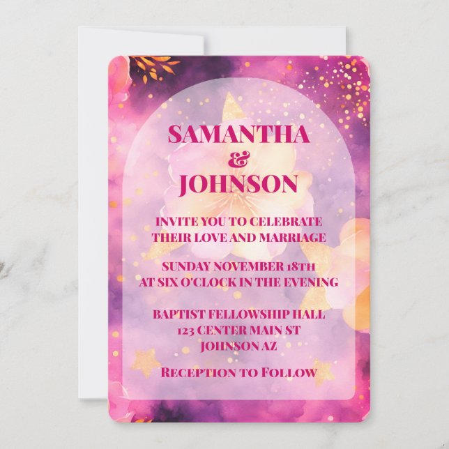 Pink Magenta Gold Romantic Floral Wedding  Invitation (Front)
