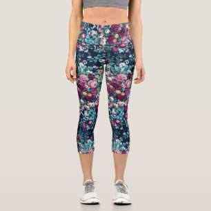 Pink Magenta Green Blue Teal Peony & Rose Flowers Capri Leggings