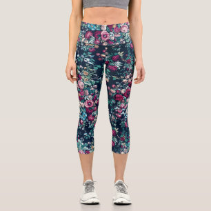 Pink Magenta Green Blue Teal Peony & Rose Flowers Capri Leggings