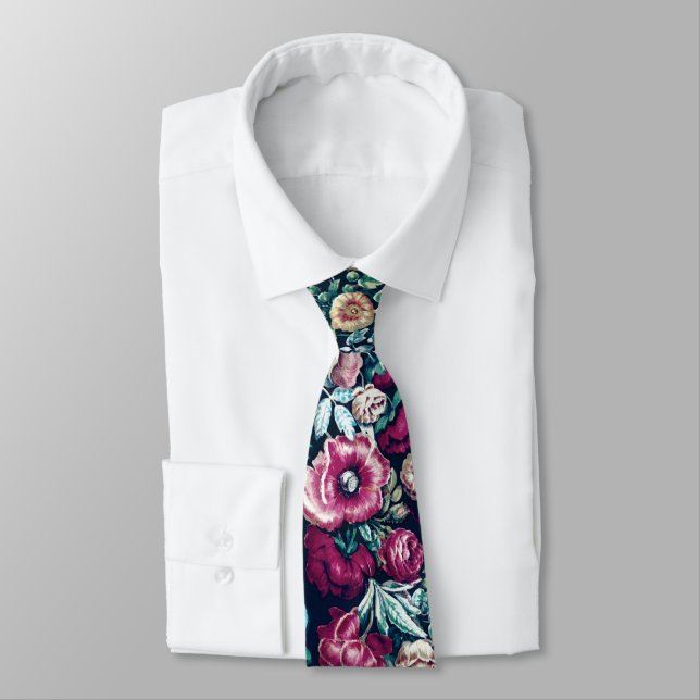 Pink Magenta Green Blue Teal Peony & Rose Flowers Tie (Tied)