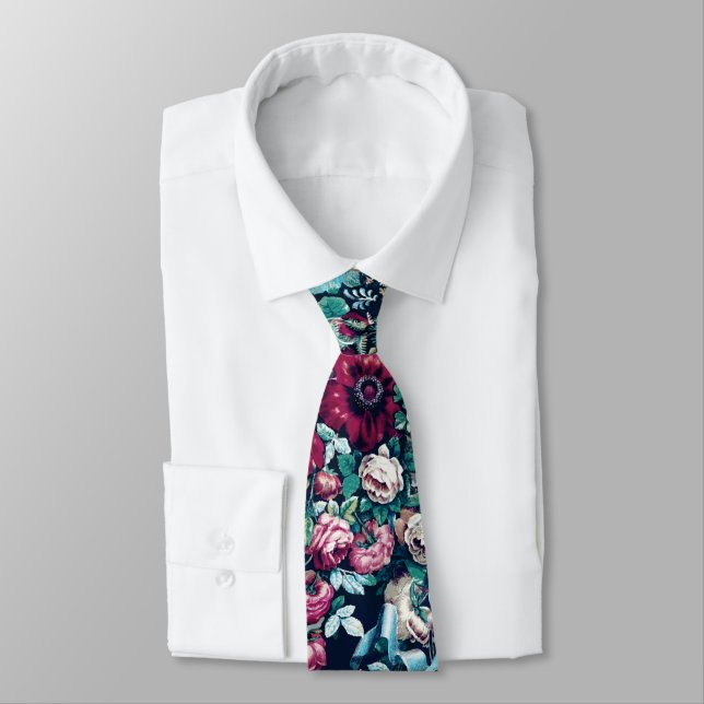 Pink Magenta Green Blue Teal Peony & Rose Flowers Tie (Tied)