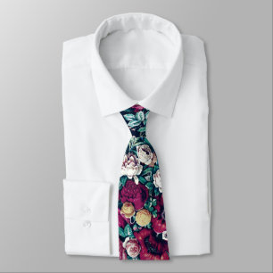 Pink Magenta Green Blue Teal Peony & Rose Flowers Tie