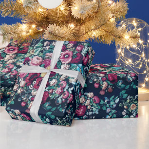 Pink Magenta Green Blue Teal Peony & Rose Flowers Wrapping Paper