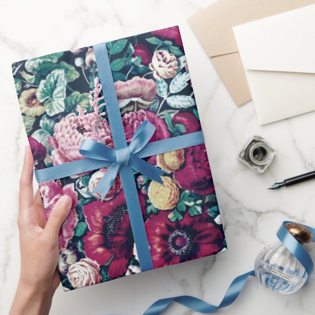 Pink Magenta Green Blue Teal Peony & Rose Flowers Wrapping Paper (Gifting)