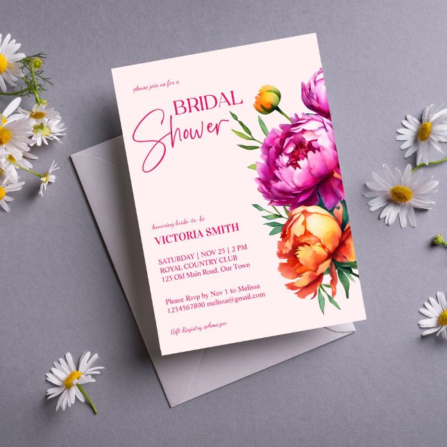 Pink magenta peach peonies elegant bridal shower invitation (Pink magenta peach peonies bold elegant bridal shower editable template invitation digital download )