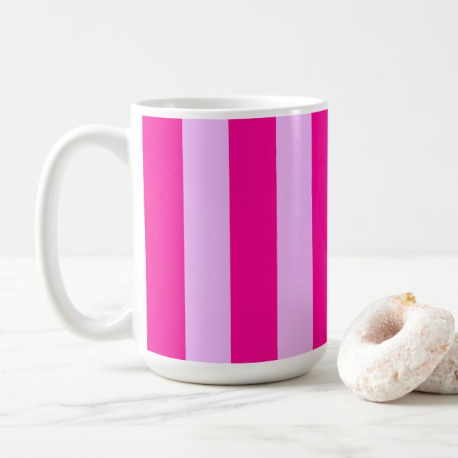 Pink & Magenta Vertical Stripe Pattern Coffee Mug (With Donut)